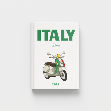 Photobook with a vespa illustration and 'Italy Rome 2024' text on a white background