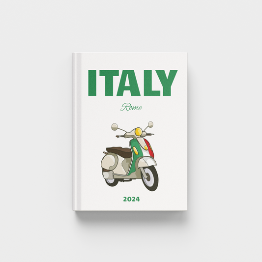 Photobook with a vespa illustration and 'Italy Rome 2024' text on a white background