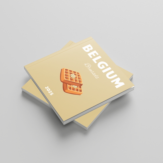 Two photobooks titled 'Belgium' with a waffle illustration on a light gray background