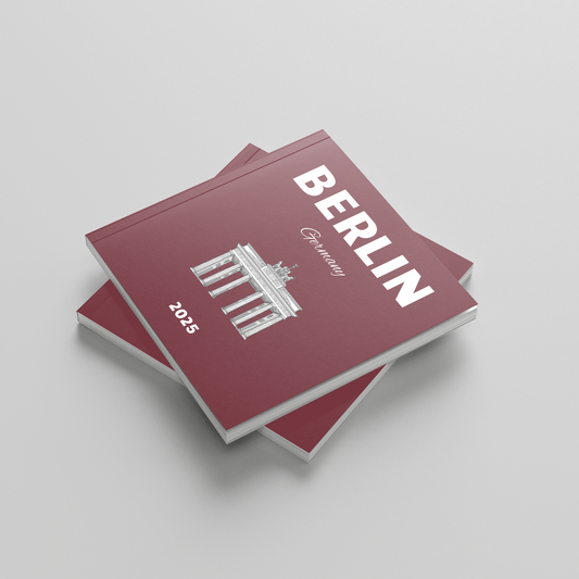 Red square photobook titled 'Berlin' with architectural design on a light gray background