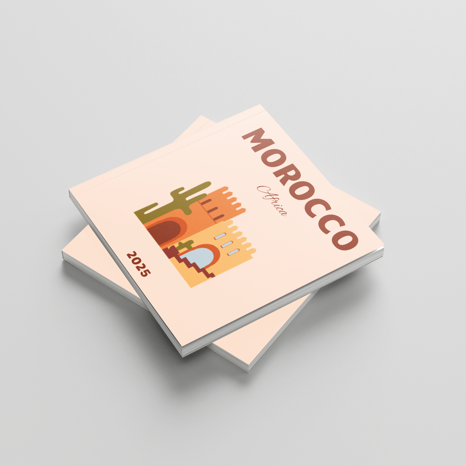 Two travel square photobooks with 'Morocco' and '2025' text on a light gray background