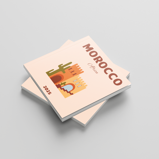 Two travel square photobooks with 'Morocco' and '2025' text on a light gray background