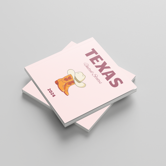 Two pink square photobooks with 'Texas' and cowboy boots on a light gray background