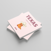 Two pink square photobooks with 'Texas' and cowboy boots on a light gray background