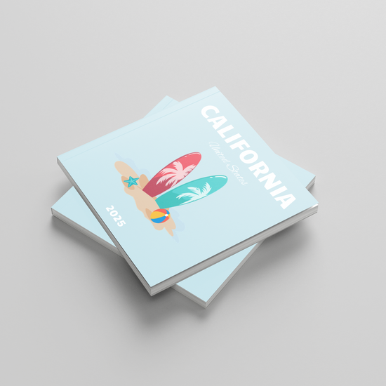 Two light blue photobooks with colorful surfboard design and 'California' text on a gray background