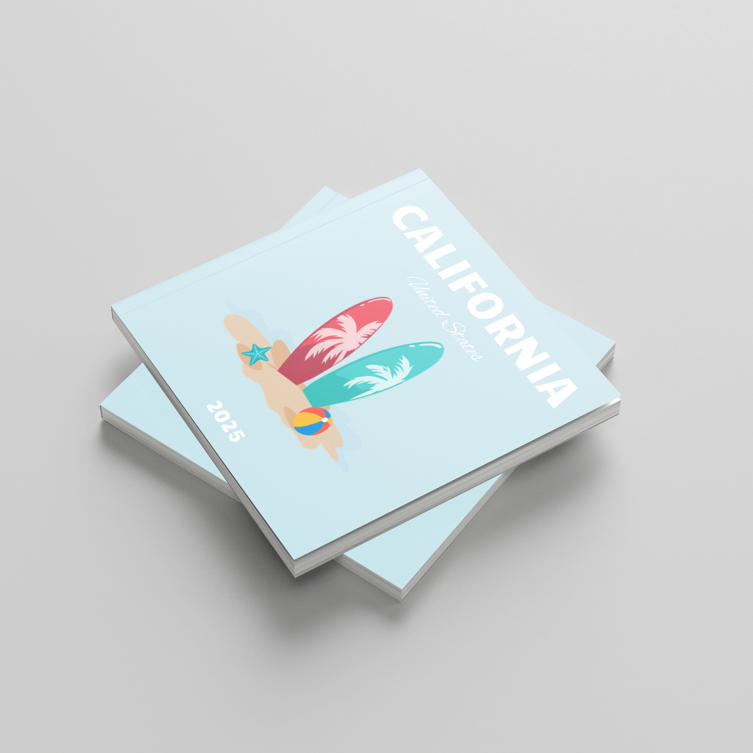 Two light blue photobooks with colorful surfboard design and 'California' text on a gray background
