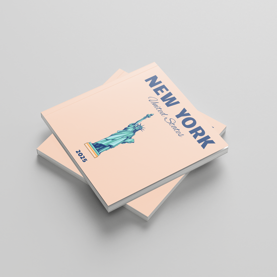 Two square photobooks with 'New York' design on a gray background