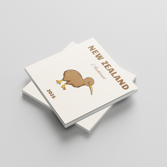Two white square photobooks with a kiwi bird illustration and 'New Zealand 2025' text on a light gray background