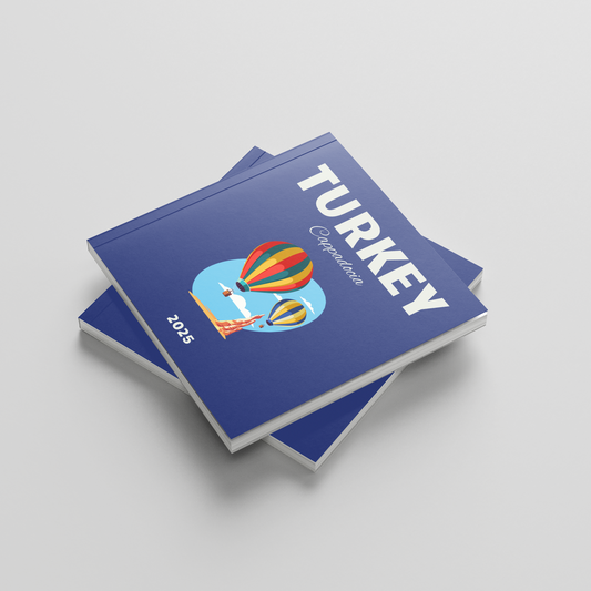 Blue square photobook titled 'Turkey' with a colorful design on a light gray background
