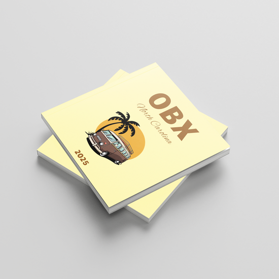 Two yellow square photobooks with an illustration and text on a light gray background