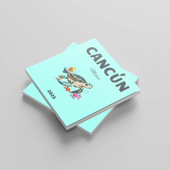 Two turquoise photobooks with 'Cancún' and a turtle illustration on a gray background