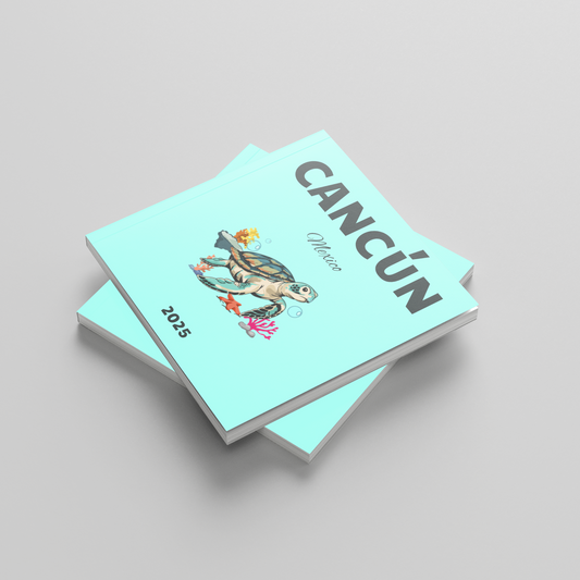Two turquoise photobooks with 'Cancún' and a turtle illustration on a gray background