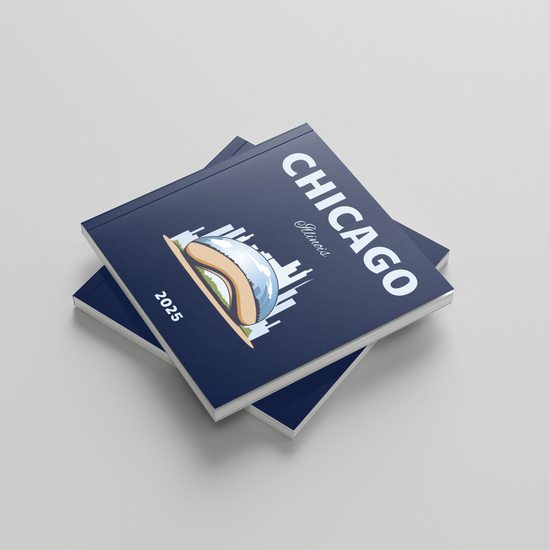 Two blue photobooks titled 'Chicago' on a light gray background
