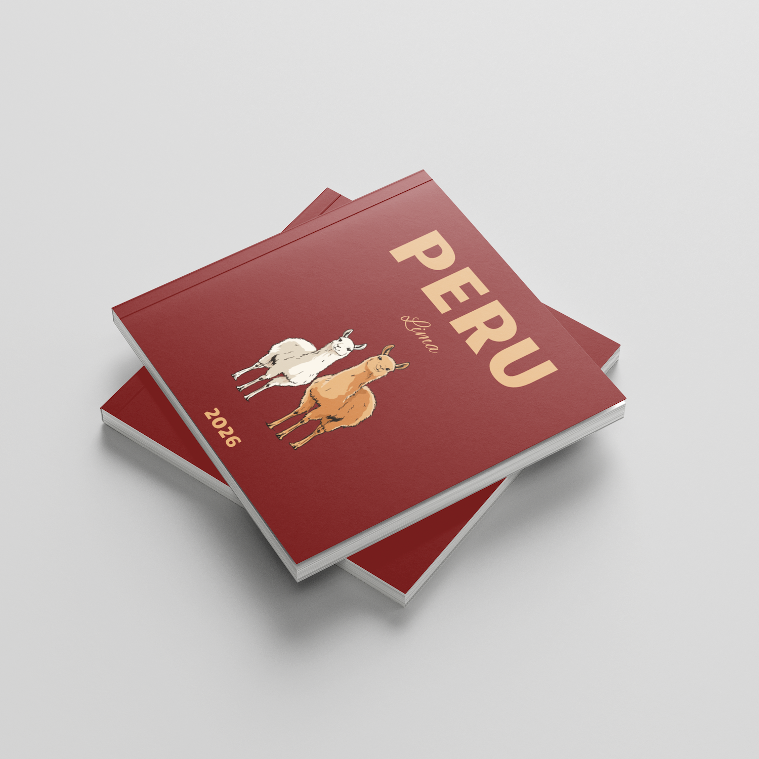Red square photobook titled 'Peru' with llama illustrations on a light gray background