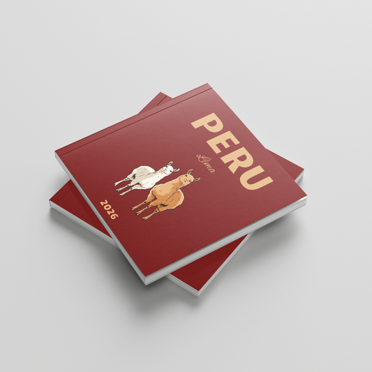 Red square photobook titled 'Peru' with llama illustrations on a light gray background