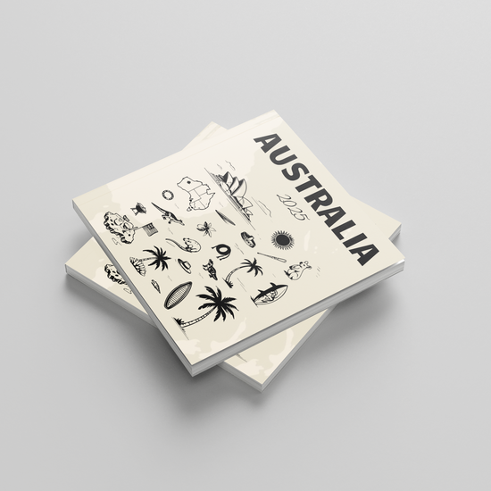 Two photobooks titled 'Australia' with illustrations on a gray background