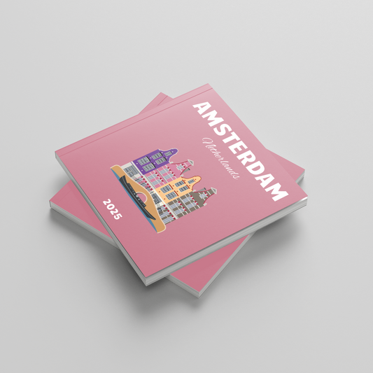 Square photobook of Amsterdam with a pink cover.