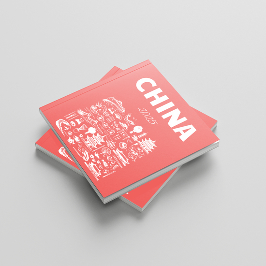 Two red photobooks with 'CHINA' and illustrations on a gray background