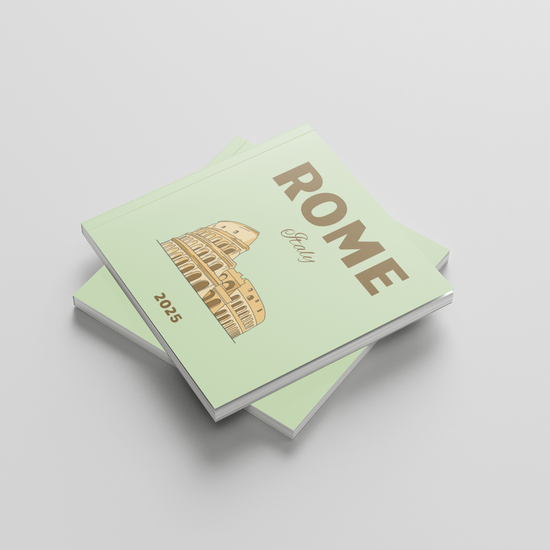 Two green square photobooks with 'Rome' and a Colosseum illustration on a light gray background