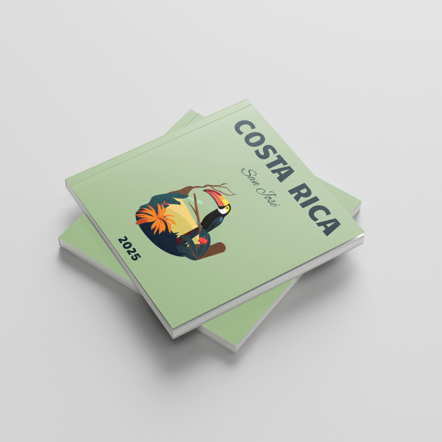 Stack of green photobooks with a toucan illustration and 'Costa Rica' text on a light gray background