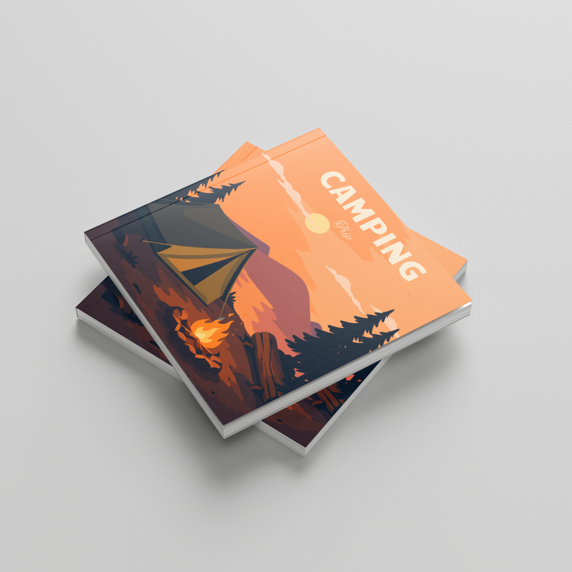 Two square photobooks on a gray background with 'Camping' theme