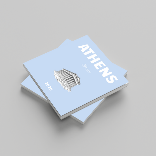 Two light blue books titled 'Athens' on a gray background