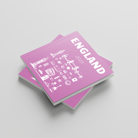 Pink book titled 'ENGLAND' with white illustrations on a light gray background
