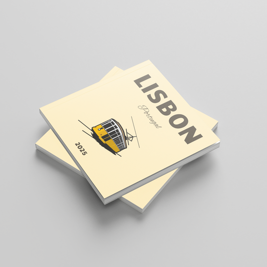 Two yellow square photobooks titled 'Lisbon' on a gray background