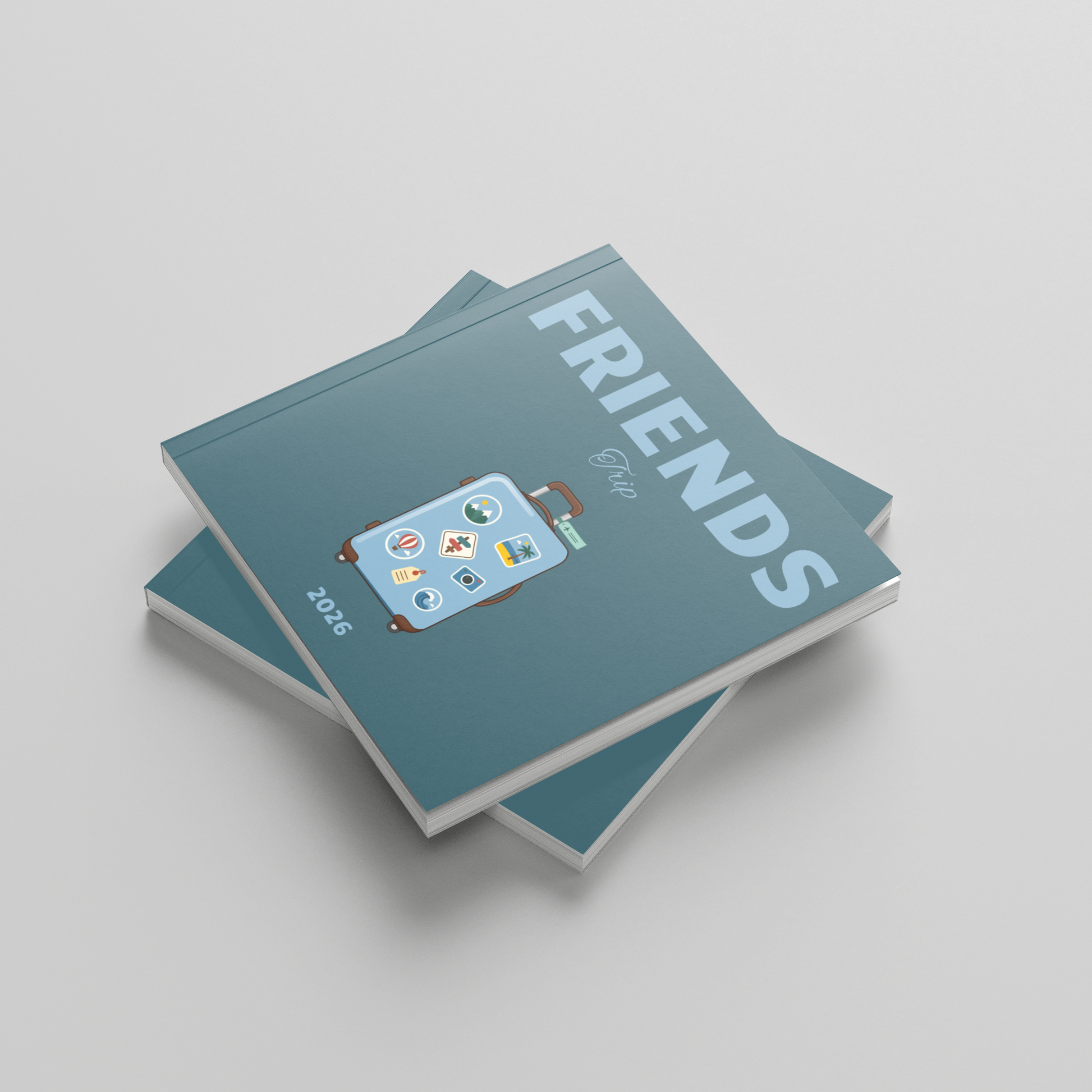 Two blue square photobooks titled 'FRIENDS' on a light gray background