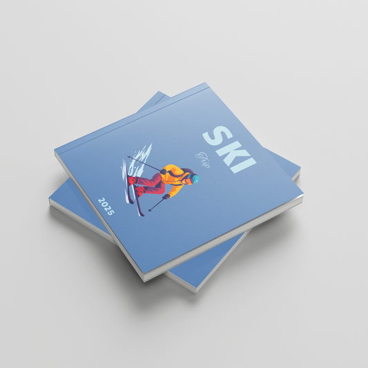 Blue ski square photobook with a skier illustration on a light gray background