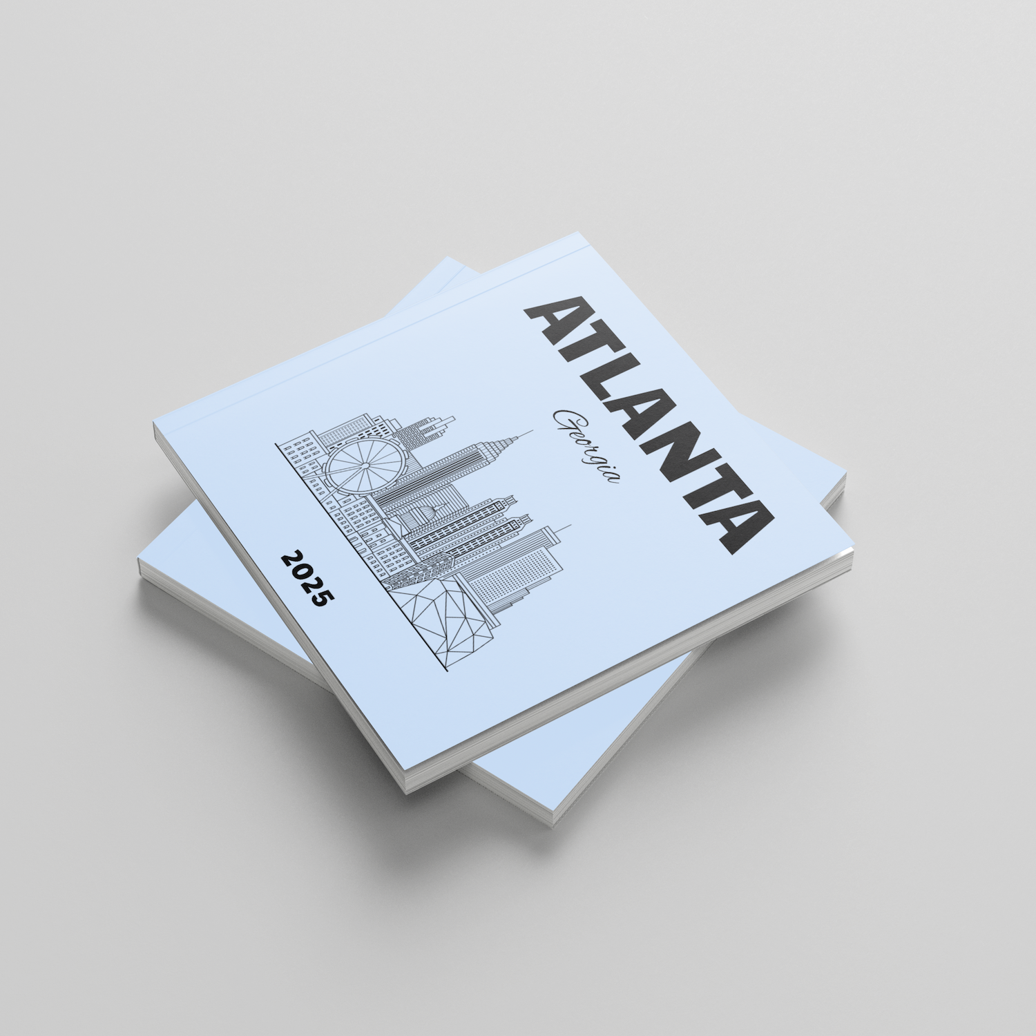 Two photobooks stacked on a light gray background with 'Atlanta' and a building illustration.