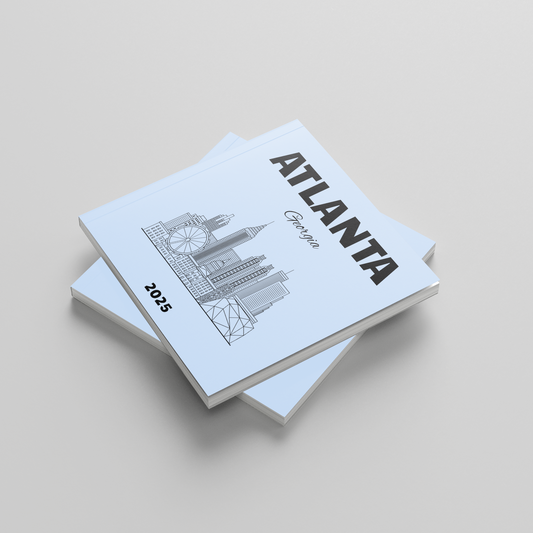 Two photobooks stacked on a light gray background with 'Atlanta' and a building illustration.