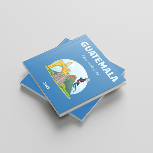 Two blue books with a Guatemala design on a light gray background
