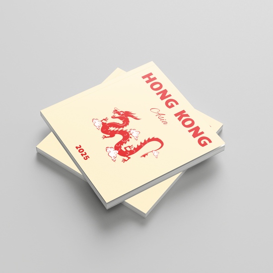Two square photobooks with red dragon design and 'Hong Kong' text on a gray background
