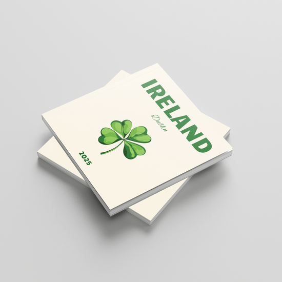 Two square photobooks with 'Ireland' and a clover leaf design on a light gray background