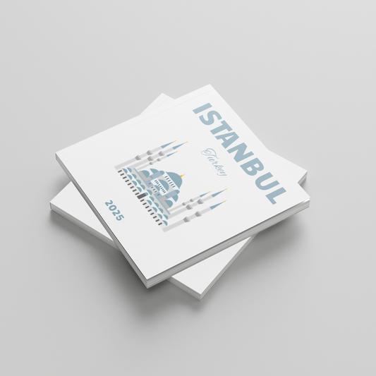 Stack of square photobooks with 'Istanbul' and '2025' on a gray background