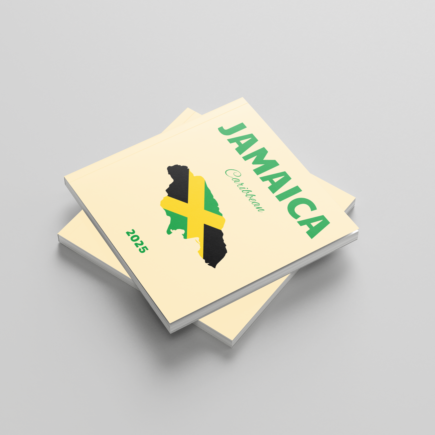 square photobook with 'Jamaica' and a Jamaica flag design on a gray background