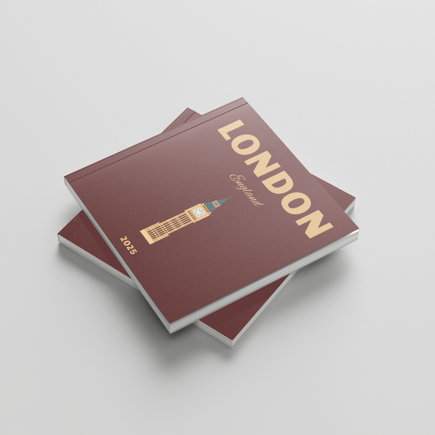 Two red square photobooks titled 'London' on a light gray background