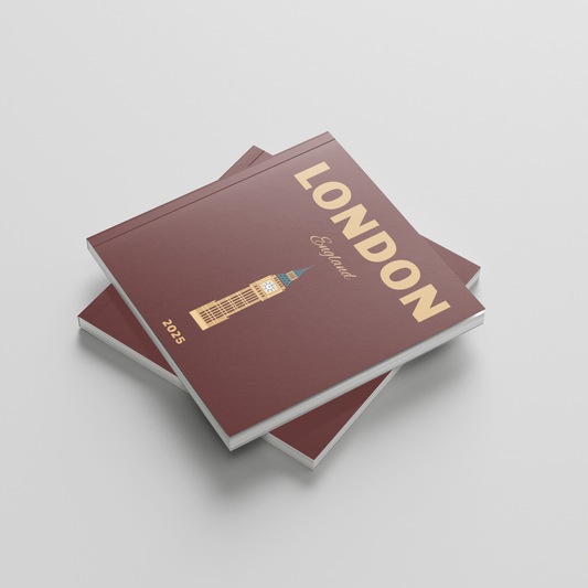 Two red square photobooks titled 'London' on a light gray background