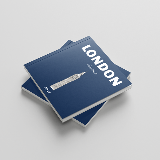Two blue square photobooks titled 'London' with an illustration of Big Ben on a light gray background