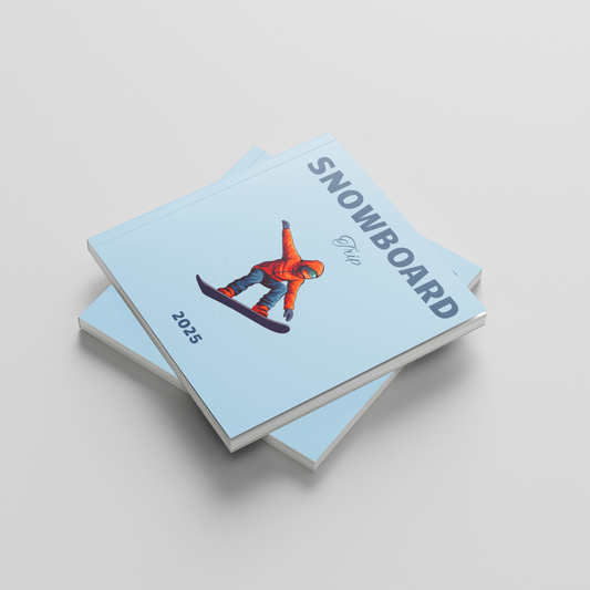 Two light blue square photobooks with a snowboarder illustration on a gray background