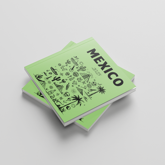 Two green photobooks with 'Mexico' on the cover on a light gray background