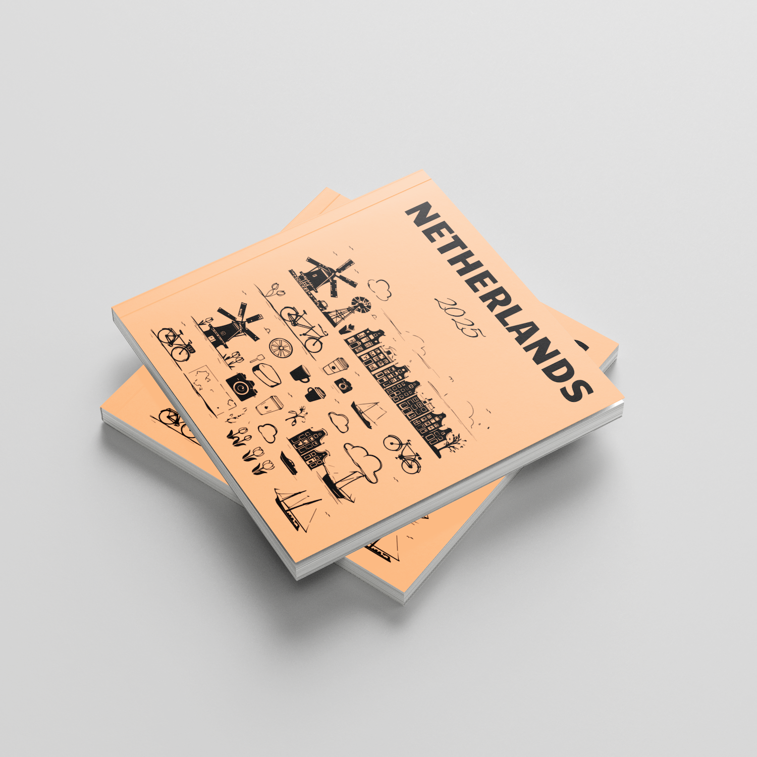 Two orange books with black text and illustrations on a light gray background