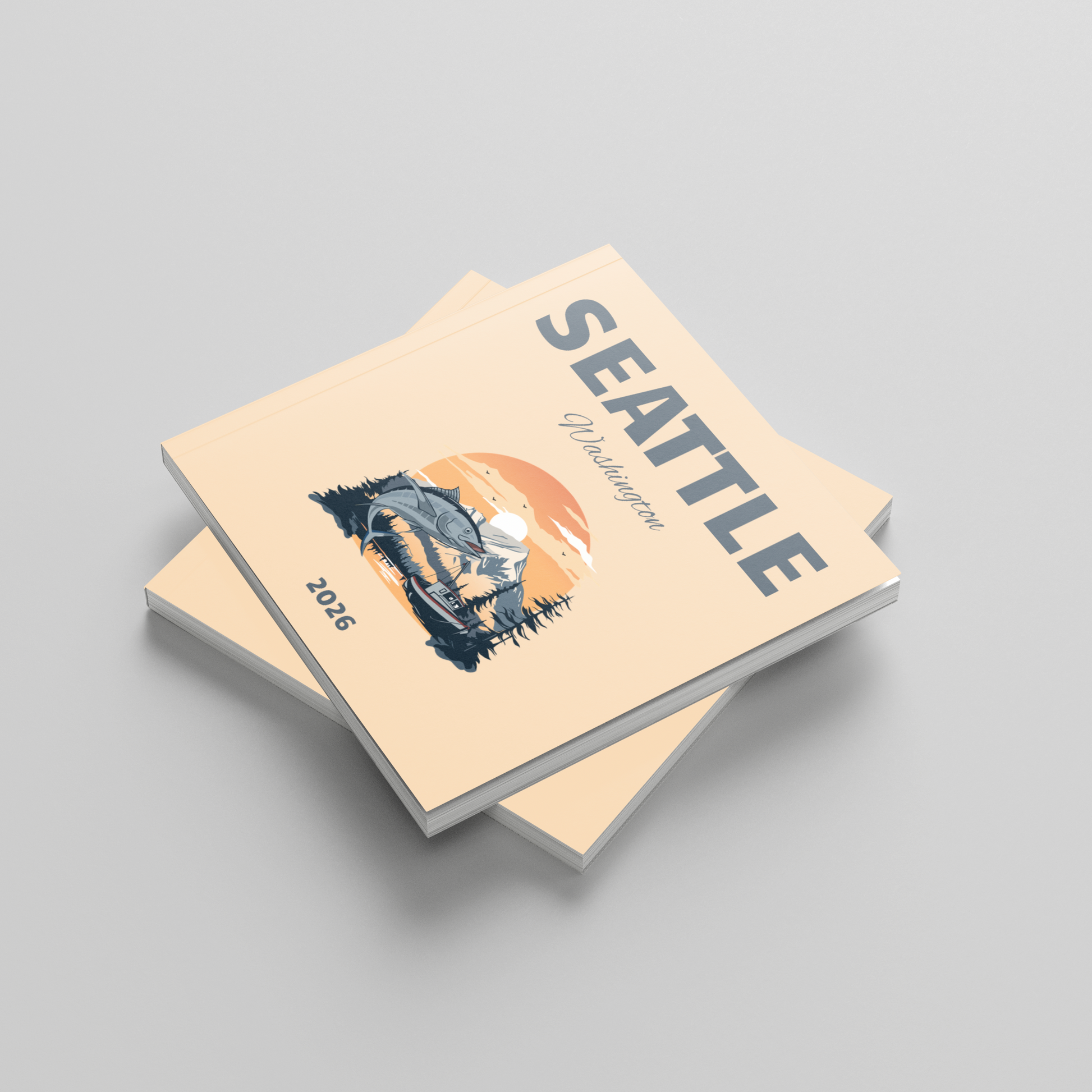 Two square photobooks titled 'Seattle' on a light gray background