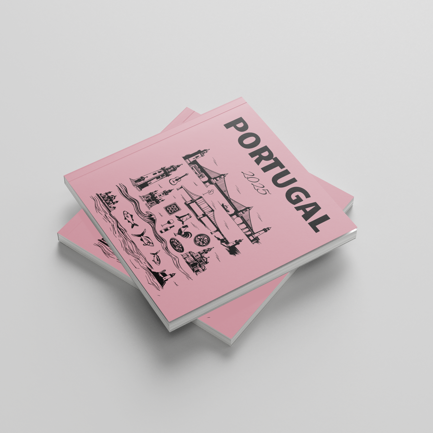 Pink photobook titled 'Portugal' with black text and illustrations on a light gray background