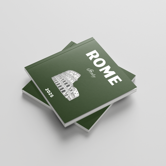 Two green photobooks titled 'Rome' on a light gray background