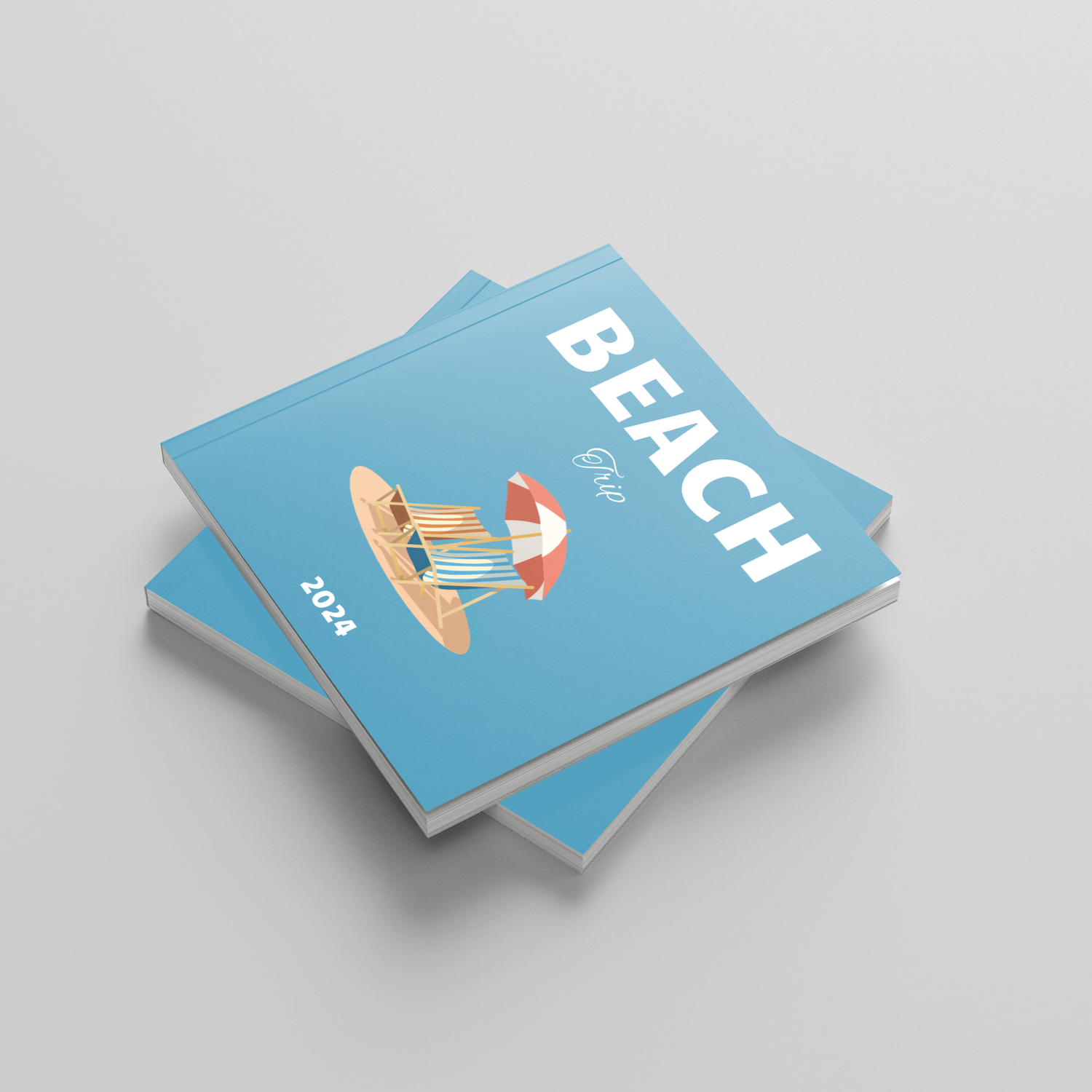 Two blue photobooks titled 'Beach' on a gray background