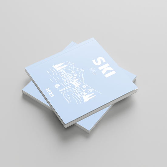 Two light blue photobooks titled 'SKI' on a gray background