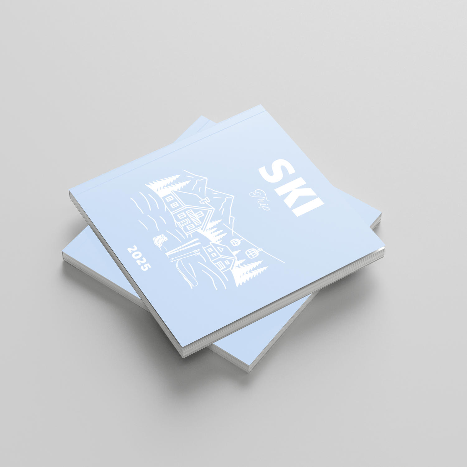 Two light blue photobooks titled 'SKI' on a gray background