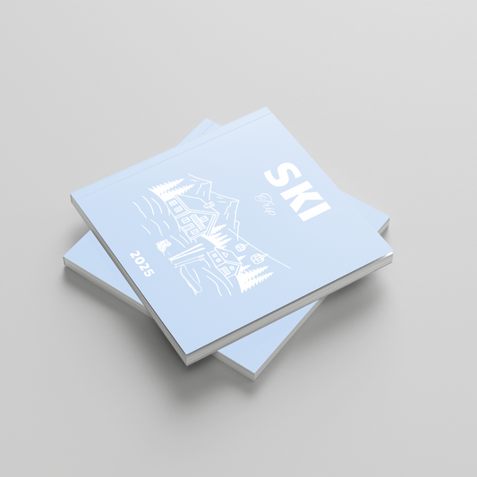 Two light blue photobooks titled 'SKI' on a gray background